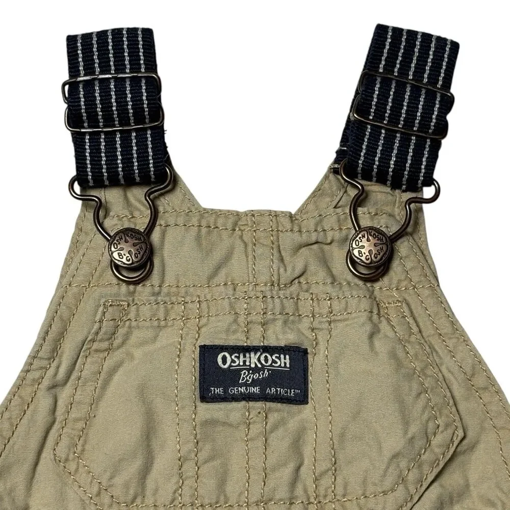 OshKosh B’gosh Boys 3M Khaki Shortall Overalls Tan Cotton Adjustable Straps